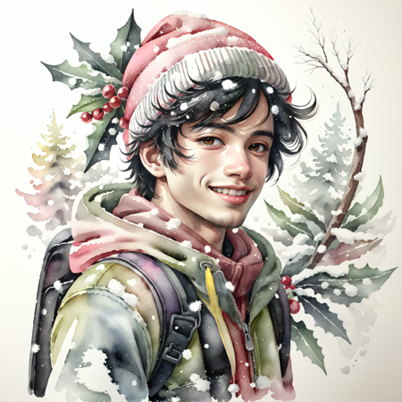 GachasplashMistletoe, solo, looking at viewer, smile, open mouth, black hair, 1boy, hat, white background, male focus, hood, black eyes, hoodie, backpack, snow, realistic, beanie, leaf, traditional art (medium), christmas tree, faded, mistletoe, snow, ice, frost, wreath, yellow theme, watercolor painting(medium), in splash, watercolor paper (medium), <lora:GachasplashMistletoe:0.8>