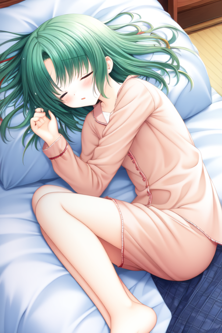 yuukimiwa, hair down, medium hair, sleeping, pajamas