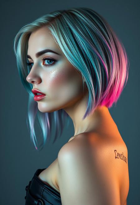 A woman with silver  hair with Teal and Pink tips,  freckles with 0.8 intensity, wearing a latex corset, shot from the side view. The photo should be extremely detailed, with beautiful detailed teal speckled eyes, full lips, pale skin, and a neutral expression. The background should be neutral gray with studio lighting, in the style of dennis mukai, and in RAW photo format. 44d bust, boob focus, dramatic angle, extreme angle shot, neon color grading
