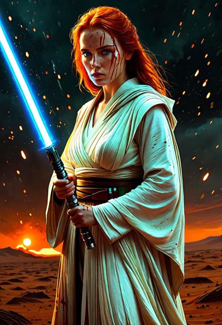 A beautiful Jedi Knight with wavy red hair Standing on the a bloody battlefield on Tatooine. Her white Jedi robe are intricately detailed and reflecting flickering light, Star Wars style, The light of battle illuminates her determined expression as she prepares to face the dark enemy, (holding the blue Lightsaber in his hand: 1.5), Close up. Star Wars art style, They stand on the battlefield against an army of Dark Sith where a bloody slaughter is taking place, (standing in a vigorous pose: 1.3), (direct eye contact: 1.3), whole athletic body, cinematic lightning, intricately detailed white and green Jedi robe, The scene is reminiscent of a Greg Rutkowski concept art piece, realstic blue eyes, realistic freckled pale face covered in blood, with dramatic lighting and a dark, curvy, looking at viewer, gritty atmosphere, Ultra-detailed, Raytracing reflections, High contrast, beautiful Jedi Knight, beautiful firm body, girl athletic figure, (very pale face: 1.3), oranges, and greens, attractive 21 years old woman, Attractively sweaty skin, cinematic lightning, Cinematic film still, Medium shot. Best quality, Masterpiece, The scene is reminiscent of a Greg Rutkowski concept art piece, realistic pale face covered in blood, with dramatic lighting and a dark, gritty atmosphere, asymmetrical balance, adding to the intense and dynamic atmosphere of the scene
