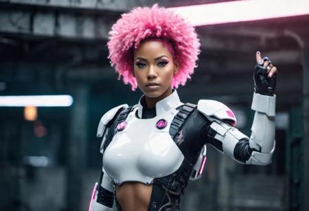 ultra wide action scene, a sexy half african half caucasian female cyberpunk military officer with realistic pink afro hair. glowing white eyes, one cyborg arm, cyborg face implants, beautiful strong facial expression, cyberpunk military uniform, her platoon saluting her