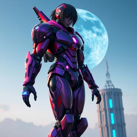 A full-body cyberpunk cyborg with a shiny purple and red titanium body, storing weapons inside. Dark hair, tied at the waist, hair over one eye. The cyborg stands on a tall tower with a giant blue moon in the sky. Blue light on the wrist, pink light on the chest. Reflective lighting, high-detail, 3D mecha effect, with textured skin and perfect proportions.