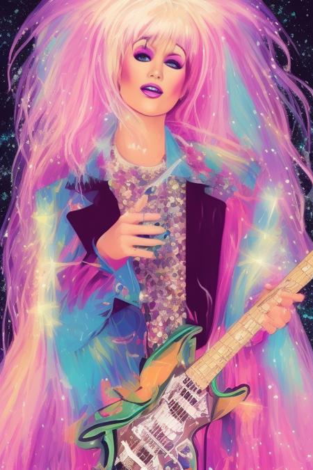 illustration style, Jem and the Holograms, portrait, 1980s, Rock star, 1girl, solo, sparkling glitter background, art by artgerm, wlop, ring light,  duskgem