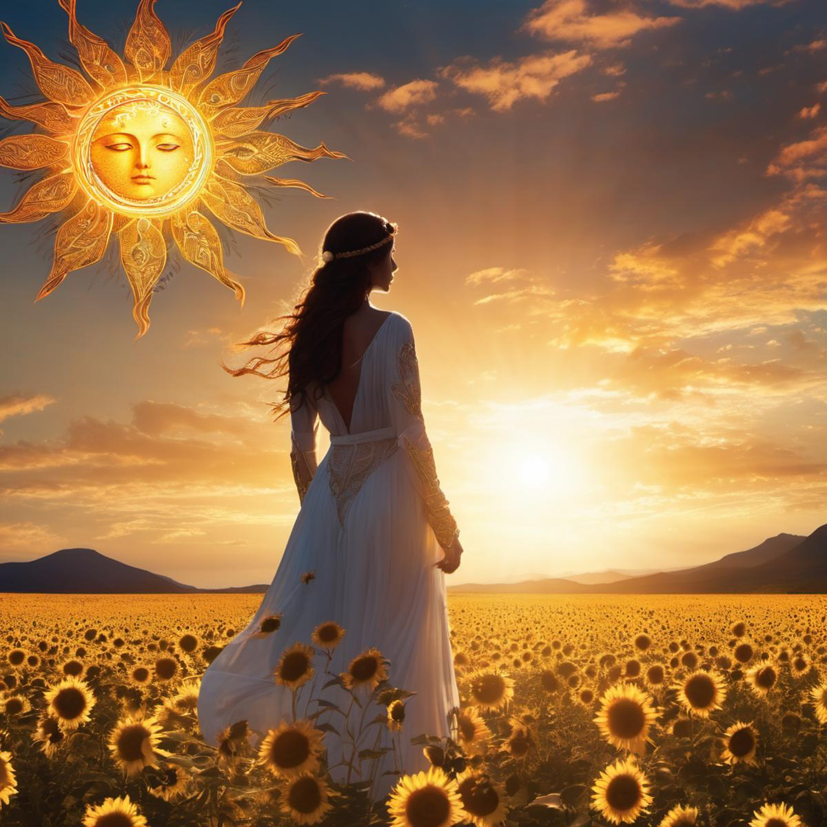 A woman in a white dress standing in a sunflower field with the sun in the background.