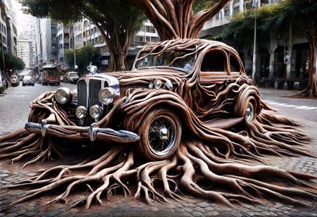 morph-treeroots , vintage car,polished chrome details,classic style design,in city,photography<lora:tree roots_0_100_V1-000008:1>