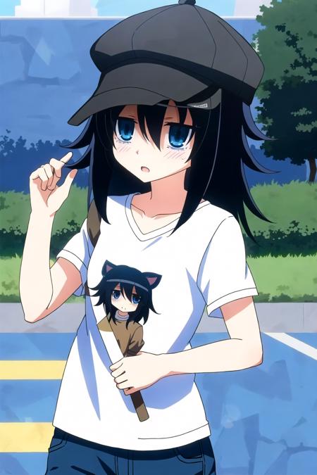 1girl, masterpice, high quality, best quality, good body, good hands and fingers, official art, (solo), <lora:tomoko_kuroki-09:0.7>, hair over one eye, bags under eyes, watamote, tomoko, casual clothes, strert, city, (NFSW:1.2), hat,