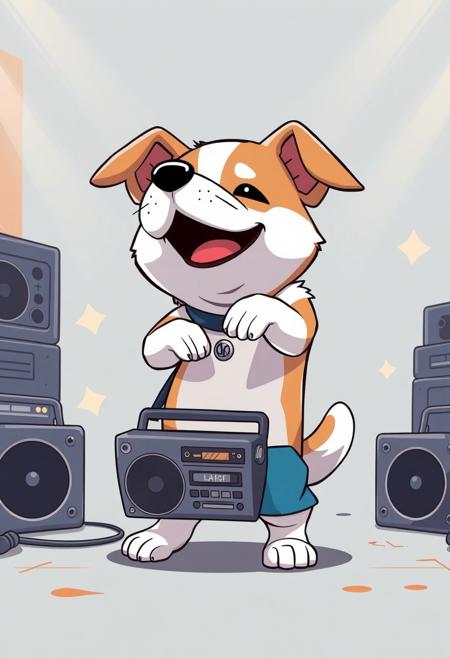 anime style, a dog break dancing with a boom box, chibi,