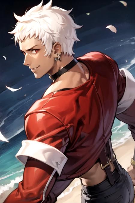 <lora:Yashiro-06:0.7>,yashirokof, solo, smile, red eyes, 1boy, jewelry, white hair, male focus, earrings, choker, looking back, dark skin, dark-skinned male