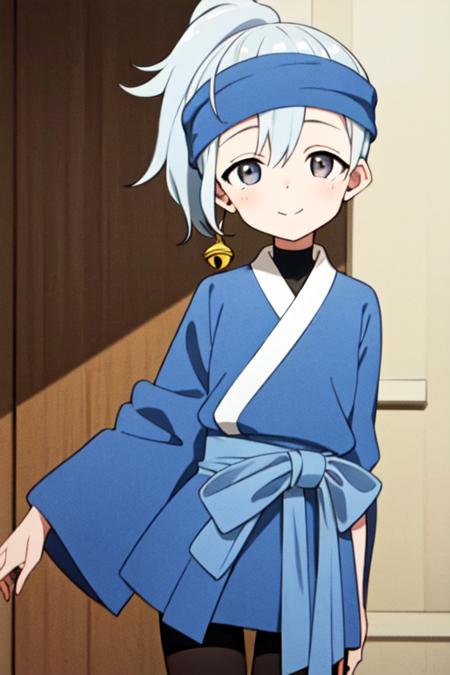 masterpiece, best quality, <lora:kunoichi_kikyou:0.7> 1girl, solo, grey eyes, grey hair, ponytail, blue headband, single jingle bell, kimono, one long sleeve, wide sleeve, bike shorts, looking at viewer, cowboy shot, light smile, short hair,