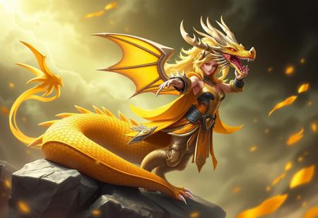 "Create a high-definition, lifelike image of a Dragoness, the Wicked Knight, set against a Machine Duplication background. Incorporate a saluting cyclops and yellow magic theme. Depict the character in a serpentine pose, with a booster and mono-yellow accents. The image should be polished, suitable for an app icon or official store photo. Lighting and details should follow the golden ratio, aiming for a marvelous, intricate result, featured on ArtStation."