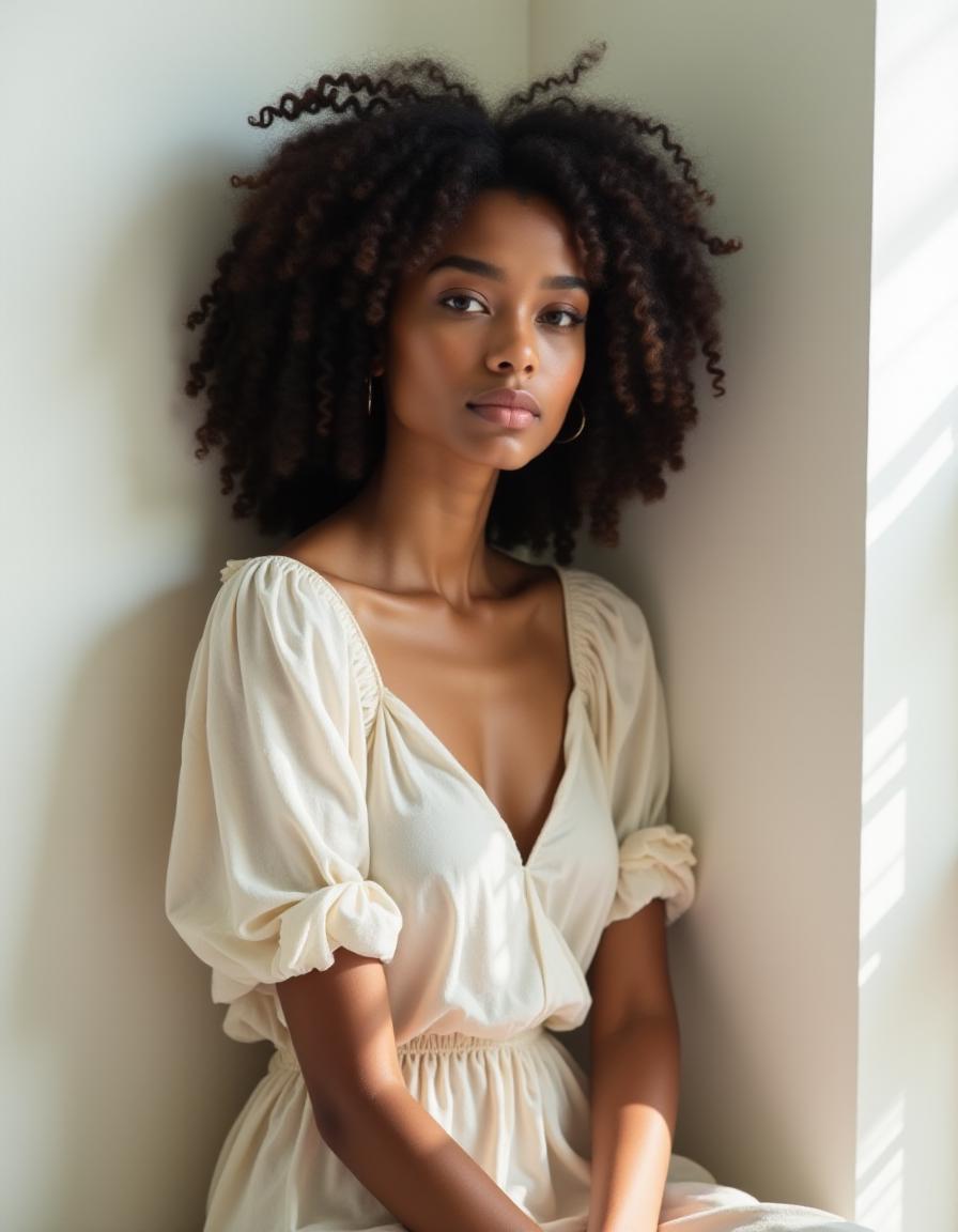 A young woman with thick, curly black hair sits against a plain white wall. She is wearing a cream-colored linen dress that contrasts with her dark hair. The dress is lightly decorated with floral pattern. The room is bright and minimalist, with soft natural light streaming in through a window. Her gaze is calm and introspective, with gentle shadows highlighting her facial features. She is of mixed african and asian heritage and combines delicate features with dark dusky skin.