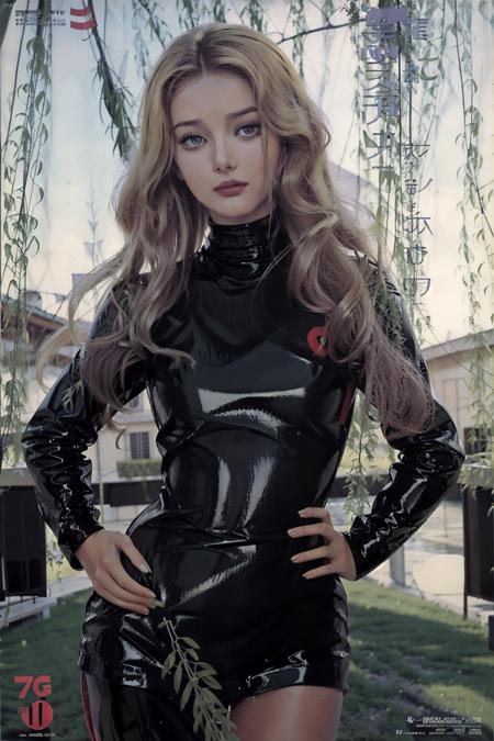 the cover of a italian magazine of the 70s with a picture of bb slightly smiling with long blonde hair wearing a (purple and red) latex skintight turtleneck full closed suit posing on the cover of a magazine with her hand on her hip with weeping willow leaves in the blurry background <lora:barbarabouchet_SD15_v02-000006:1> <lyco:GoodHands-beta2:1.0>