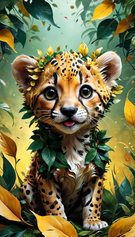 stunning image of a cute adorable wacky baby cheetah covered in leafs and foliage, moody, grainy, noisy, concept art, by Alberto Seveso, Cyril Rolando, Dan Mumford, Meaningful Visual Art, Detailed Painting, Digital Illustration, Unreal Engine 5, 32k maximalist, hyperdetailed fantasy art, 3d digital art, sharp focus, masterpiece, fine art,
 <lora:add-detail-xl:1>,
 <lora:xl_more_art-full_v1:1>