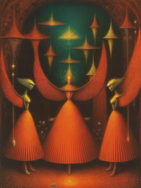 <lyco:RemediosVaro:1.0> By Remedios Varo, pixel art, holographic angels, 8-bit pixelization, triadic color scheme