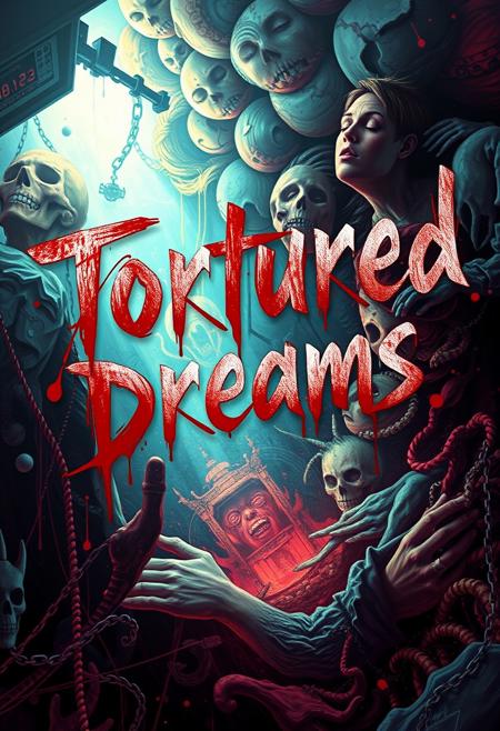A vivid digital art piece depicting the dreams of a schizophrenic, written above the main focus of the image in bleeding shaky script lettering are the words "Tortured Dreams"