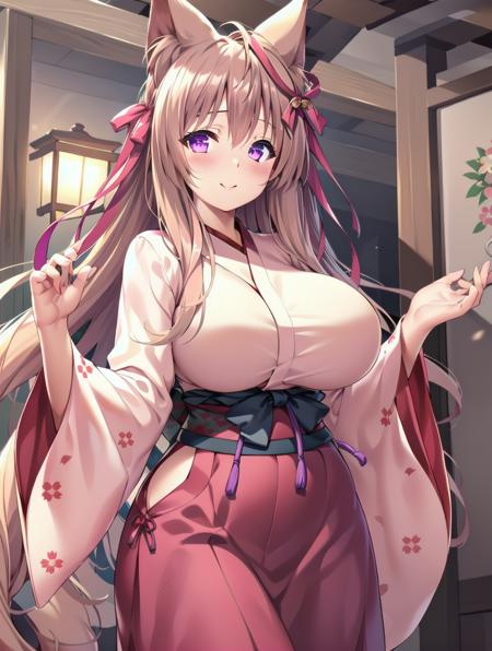 best quality,masterpiece,indoor， light smile, looking at viewer, wide hips, huge breasts,
1girl, solo, long_hair, skirt, purple_eyes, red_hakama, breasts, ribbon, hair_ornament, blush, hair_ribbon, fox ears,animal ears, long sleeves, japanese clothes,
<lora:hadanuri2:0.1> <lora:flatBG:0.4> <lora:flat1:0.2> <lora:marugao:0.7> <lora:mylora-bad_pic:-0.5> <lora:tangbohu-breasts_1.2:0.2> <lora:growing eyes1.0:0.7><hypernet:LEX:0.2> <lora:WsMan:0.2> <lora:mito_mashiro2.0:0.7>