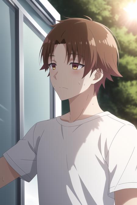 ayanokouji kiyotaka, 1boy, male focus, brown hair, brown eyes, upper body, sunshine, summer, heat, sweating, teachers, white short sleeves, ray tracing, blurred background,