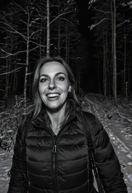 girl at night in the wood, selfie face shot, dressed for trekking, winter, laughing, at night, very dark, infrared photography, without flash, grainy, ((motion blur)), blurry,  walking