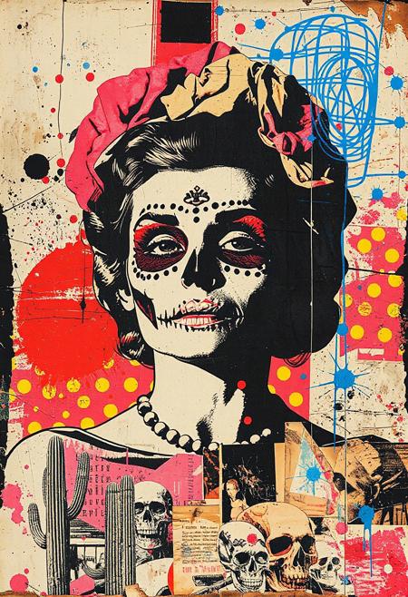 style of Butcher Billy. A pop art style mixed media collage artwork. Deconstructed, provocative, surreal, intense and chaotic composition. Street art textures, overlapping layers and vibrant retro colours. ((No text))
A punk stencil photocopy print of a magazine image of a Day of the Dead 1950s pinup. Print errors, halftone dots. grungy print registration errors.
Overlaying this are multiple layers of Mexican imagery, hand-drawn shapes and patterns, bold paint splashes, and chaotic vintage magazine picture cutouts and clippings. Partially covering this, these break up the outline. Next are layered sections of repetitive brightly coloured dots are spraypainted in Yayoi Kusama style - smears and spray. 
Torn vintage holiday postcards of luchadors, cactus and sugar skulls are glued to the layers. These partially hide sections of the images below. On the top layer are rough hand-drawn shapes, abstract patterns and love hearts scrawled heavy-handedly in blue biro.