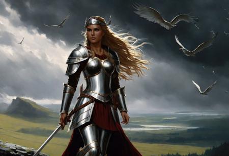 Hlif Brunidottir.
Valkyrie. Wings. Armor. Female. Male. Long Hair. Landscape Background. Cloudy. Stormy Weather.