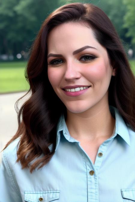 stunningly beautiful <lora:bobbiStarr:1>, pastel button up blouse, close up, perfect day at the park, stunning face, RAW, 8K, UHD, stunning eyes, smiling:0.5