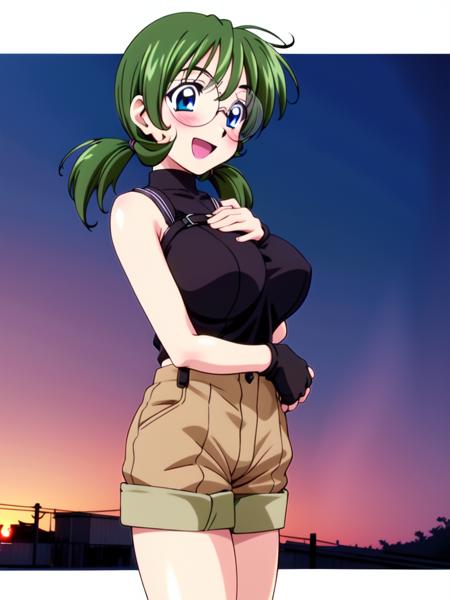 <lora:Sakurako:0.8>Sakurako, glasses, green_hair, blue_eyes, twintails, short_hair, 1girl, soro, cowboy Shot,  huge_breasts,
smile, blush, open mouth,
gloves, fingerless gloves, shorts,  sunset, short hair, brown shorts,  jacket,  black gloves
masterpiece, high quality, very_high_resolution, large_filesize, full color,
2000s \(style\), anime, anime_screencap, animated gif, mp4 ,video, animated,