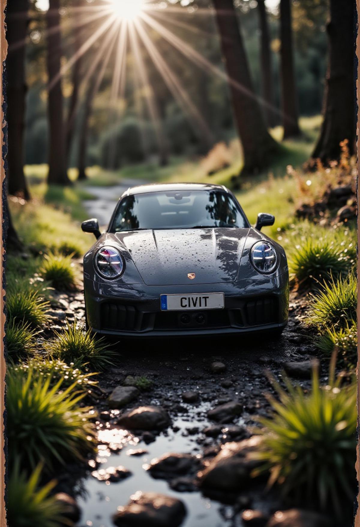 (masterpiece:1.4), professional photo, close-up a Porsche 911 GTS miniature car in mud, numberplate reads "CIVIT", forest path (grass, water), dramatic, (natural light:1.2), amazing depth of field, shot on Lumix GH5 (cinematic bokeh , dynamic range, vibrant colors)
detailmaximizer,gaming, magic bronze frame merging into image,