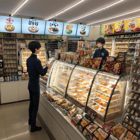 best quality, ultra-detailed,
famima, scenery, indoors, japan, shop, mask, 1boy, shirt, black hair, food, cashier, monitor,
 <lora:FAMIMA_scenery_SDXL_V2:1>