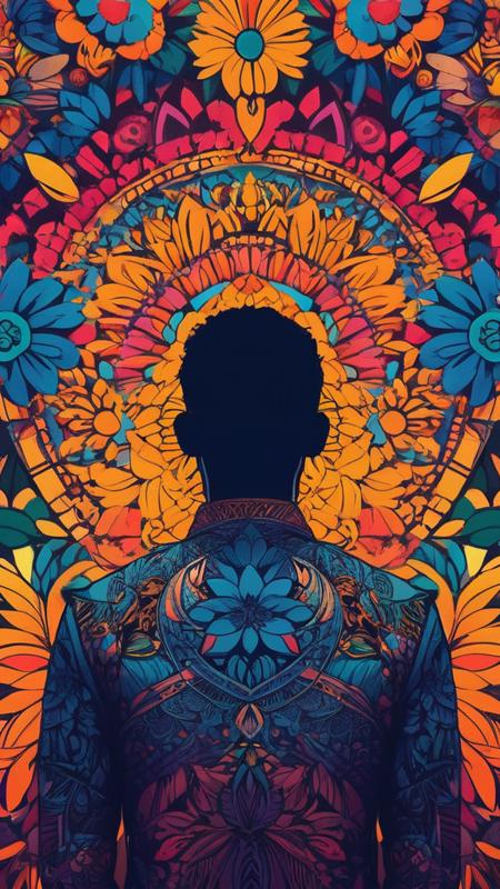 Random artwork, single person, intricate background, colorful