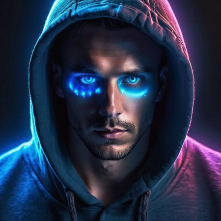 Generate hyper realistic image of a lone male figure, his hood drawn up, emphasizing the focus on his skull-themed hoodie. Glowing blue eyes peer directly at the viewer, radiating an otherworldly light. The hood casts shadows, adding an air of mystery, while heterochromia accentuates the haunting glow of one eye. This male character exudes an enigmatic aura, captivating with his skull-centric attire and glowing gaze.