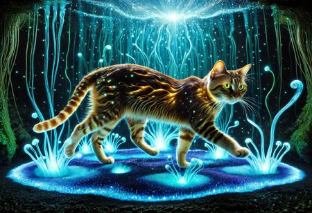 lazypos, A cat sculpted from living rainbow bioluminescence, its form woven from pulsating strands of energy that mimic rolling ocean waves frozen in mid-motion. Every muscle ripple glows with internal radiance, revealing veins of violet and gold beneath its translucent, jellyfish-like skin. Its whiskers stretch like filaments of molten silver, leaving shimmering trails of turquoise sparks in the air. Eyes are deep pools of glowing amber, refracting light like bioluminescent algae under moonlight, hypnotic and infinite. Paws unsheathe claws of condensed moonlight, each step leaving fleeting afterimages of glowing paw prints that dissolve like embers. Surrounding the creature, an ethereal forest glows in response: mushrooms pulse in rhythmic waves, willow tendrils drip liquid light, and the very air swims with floating dinoflagellate sparks. The cat arches its back in a dynamic leap, disrupting a curtain of hanging bioluminescent moss, particles scattering like a slow-motion supernova. Masterpiece-level hyper-detailed fur texture simulation, volumetric god rays slicing through the scene, cinematic shallow depth of field focusing on the cat’s blazing eyes.