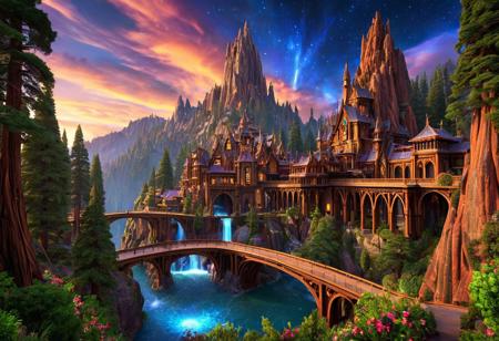(masterpiece:1.5), unreal 8k wallpaper, unity 8k wallpaper, score 9, score 8 up, score 7 up, masterpiece_portrait, extreme quality, reflection, surface reflection, dynamic lighting, Cinematic style, cinematic quality, ((no humans, no people)), photorealistic, realistic, a spectrum of iridescent colors, precise, fractal design, flowing curves, precision, colorful, fractal geometry, harmonic interference, digital illustration, photo manipulation, altered realities, fantastical scenes, digital artistry, striking visuals, sharp focus, detailed background, light reflection, fairy tale fantasy of boundless opportunities, (an enormous fairy tale fantasy city is built into the mountain), with redwood trees and multicolored flowers, streets and houses, the architecture has no bounds, there are many of these fairy tale fantasy cities built into mountain blending with the boundless beauty of nature, fluid architecture, (giant Sequoia trees), starry sky, a brilliant beauty, photorealistic, realistic, (Warcraft inspired architecture), clouds, flowing water, luminescent stream, waterfall, luminescent waterfall, night sky, alien sky, (detailed intricate Bridges and pathways)