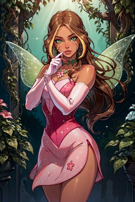 (Flora) (dark skin, brown hair, blonde hair strips, green eyes) (Casual Outfit), (green off-shoulder shirt, pink skirt, pink sandals) (FairyOutfit), (pink dress, pink gloves, sparkling outfit, flower necklace, green fairy wings)