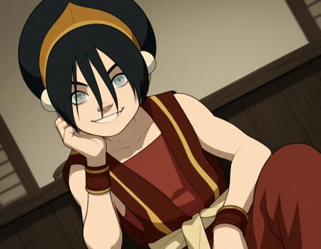 <lora:toph-beifong-book2book3-ponyxl-lora-nochekaiser:1>, toph beifong, black hair, hairband, blind, grey eyes, hair between eyes, short hair, shirt, green shirt, vest, belt, short sleeves, shirt, sleeveless, red shirt, collarbone, bare shoulders, red pants, clothes around waist, golden hairband, headphones,