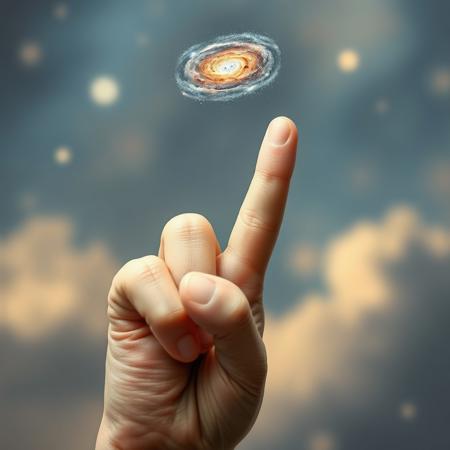 an non human abstract entity with the index finger pointing upwards, just above the finger, there is a small galaxy