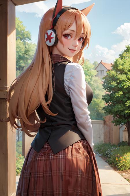 (masterpiece, best quality:1.2), <lora:agk_chelsea-10:0.8>, from behind, solo, 1girl, chelsea \(akame ga kill!\), smile, looking back, headphones, black vest, white shirt, long sleeves, plaid skirt