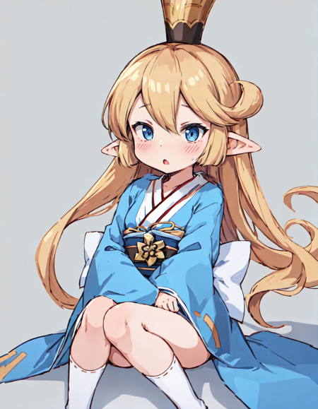 masterpiece, best quality, absurdres, charlotta, 1girl, solo, blush, flat chest,
miko, kimono, long sleeves, wide sleeves, sash, 
hugging own legs,
simple background,