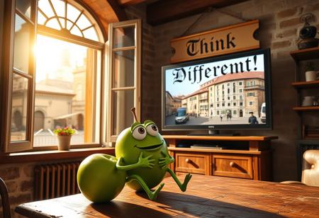 "In a cozy Italian apartment, an anthropomorphic green apple with expressive features—eyes, arms, and legs—sits on a rustic wooden table, watching a large TV on the wall. Golden sunlight filters through an open window, revealing an old piazza with cobblestone streets and terracotta rooftops. On the screen, an Apple computer commercial plays, showcasing sleek designs and vivid colors.
The green apple leans forward, captivated, its eyes wide with curiosity. A beautifully crafted cardboard sign hangs above the TV, boldly reading 'Think Different!' in elegant, Renaissance-inspired typography. The sign’s intricate details blend old-world craftsmanship with modern flair.
The room combines traditional and contemporary Italian aesthetics: exposed brick, wooden beams, and modern decor. Soft light from the TV illuminates the apple’s glossy green skin, as the scent of espresso drifts from the nearby kitchen, merging Italy’s timeless charm with high-tech innovation."