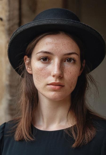 An beautiful 35mm photo of a 30 year old Dutch woman, ((black dress)), ((summers hat)) ((full body:1.2)),she has a comely face, pale skin, very dark eyes, chocolate brown hair, straight hair, 70's fringe, ponytail, beautiful mouth, long face, narrow chin, freckles on nose, birthmarks on stomach, she is slim, natural tits, perfectly shaped tits, pubic hair, ultra realistic, extremely detailed, highly detailed eyes, realistic eyes, highly detailed skin, realistic skin, in Florence, evening, soft natural light, Rembrandt style light, 8k resolution, masterpiece, 35mm, Hasselblad, film grain, (ultra high res:1.2),(photo-realistic:1.3) (skin pores:1.1)