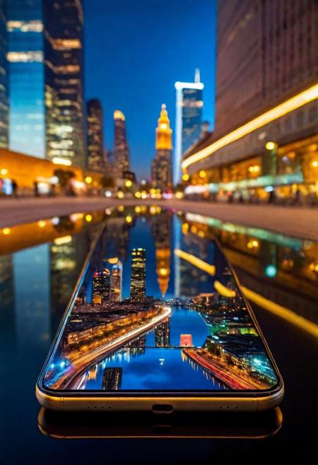 Superior quality, high-tech masterpiece, ultra-high resolution, hyper-realistic, UHD sharpness, depth of detail, smartphone, lying on a sleek glass surface, ambient urban lighting, ultra-modern design, reflective screen, next to, soft cityscape glow, backlit icons, (vivid display light:1.2), subtle shadows under the device