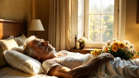 cinematic film still an elderly man peacefully lying in bed,warm soft sunlight streaming through the window,quiet and serene room,delicate flowers on the bedside table,the man's face showing peace,calm,and contentment,soft lighting,golden sunlight,cozy atmosphere,gentle shadows,a sense of love and respect in the air,symbolizes the beauty of life's final moments,calm expression,gentle wrinkles,relaxed posture,soft bed linens,peaceful morning light,warm tones,harmonious composition,a sense of completion and fulfillment,(masterpiece:2),(best quality:1.1),ultra highres,original,extremely detailed,perfect lighting,. shallow depth of field,vignette,highly detailed,high budget,bokeh,cinemascope,moody,epic,gorgeous,film grain,grainy,<lora:xl_more_art-full_v1:0.8>,<lora:detailed_notrigger:1>,<lora:add-detail-xl:1>,