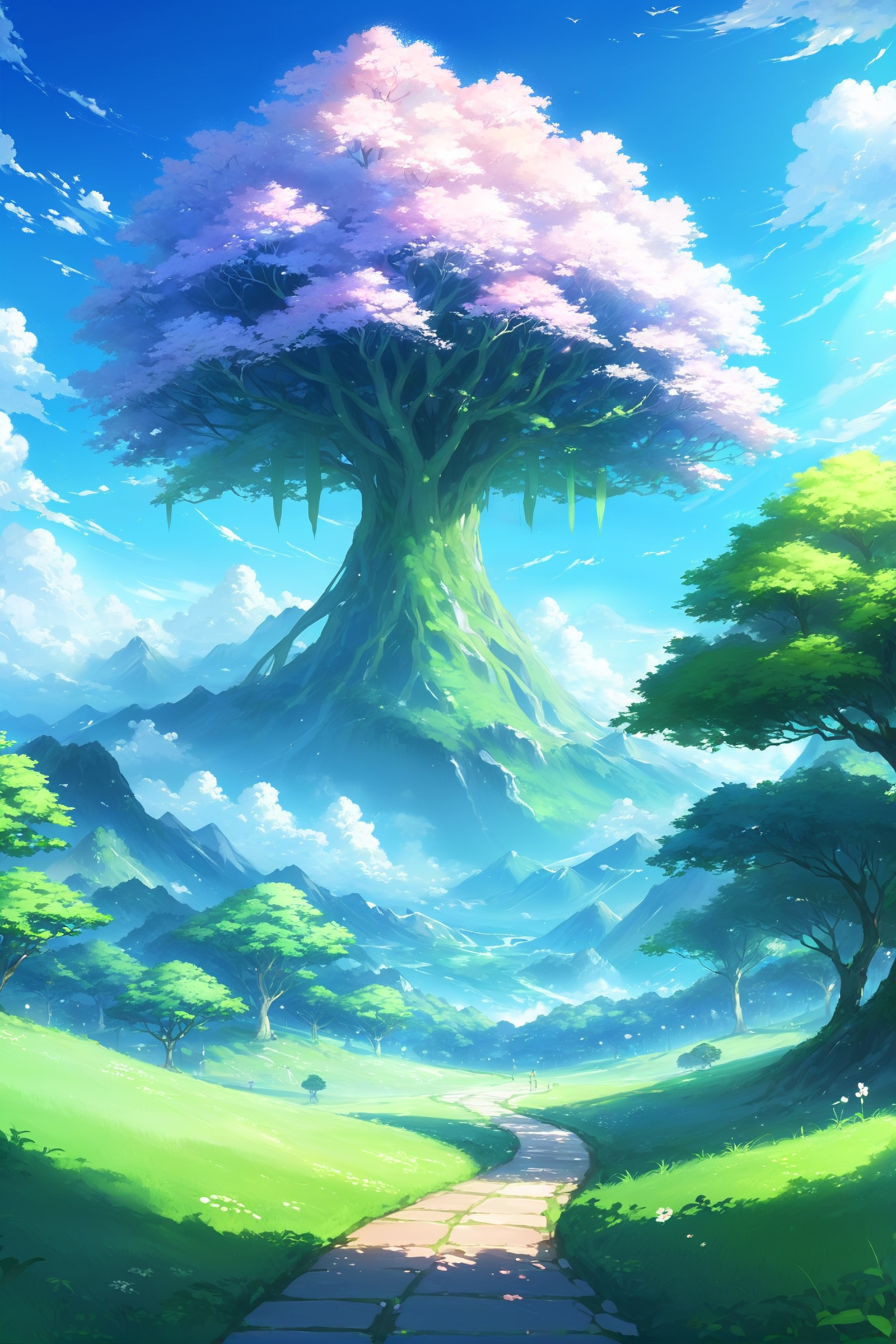 A beautiful, colorful landscape with a giant tree in the center.