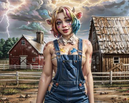 (not_furry:1.3), (human_focus:1.2), female, bimbofication, (girly:1.2), animal_ears, small_breasts, (black(latex|overalls:1.2):1), (colorful:1.1), cosplay, (bovine_humanoid:1.3), farm, outside, (white_skin:1.3), multicolored_hair, (clown_makeup:1.1), lightning, fantasy, medieval, (magic:_the_gathering:1), (official_art:1.3), (digital_painting_\(artwork\):1.1), <lora:clowncore:0.5>