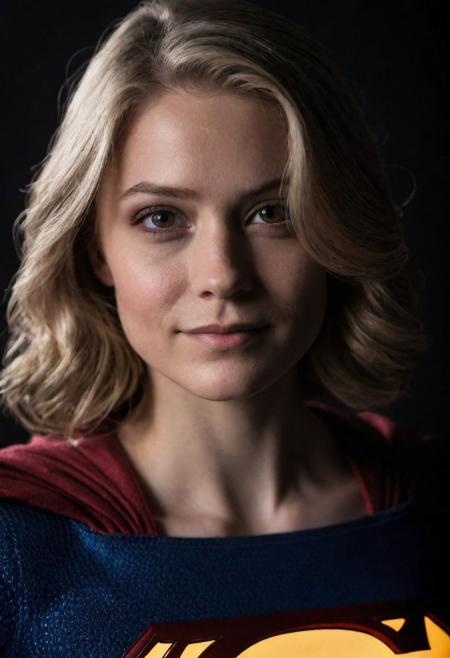 Close-up, (SUPERGIRL), grim smile, relaxed pose, portrait movie shot, serious, menacing, chiaroscuro style photo, dark background, minimalism, dramatic lighting, professional quality, dull highlights and shadows, natural and   original, laser eyes