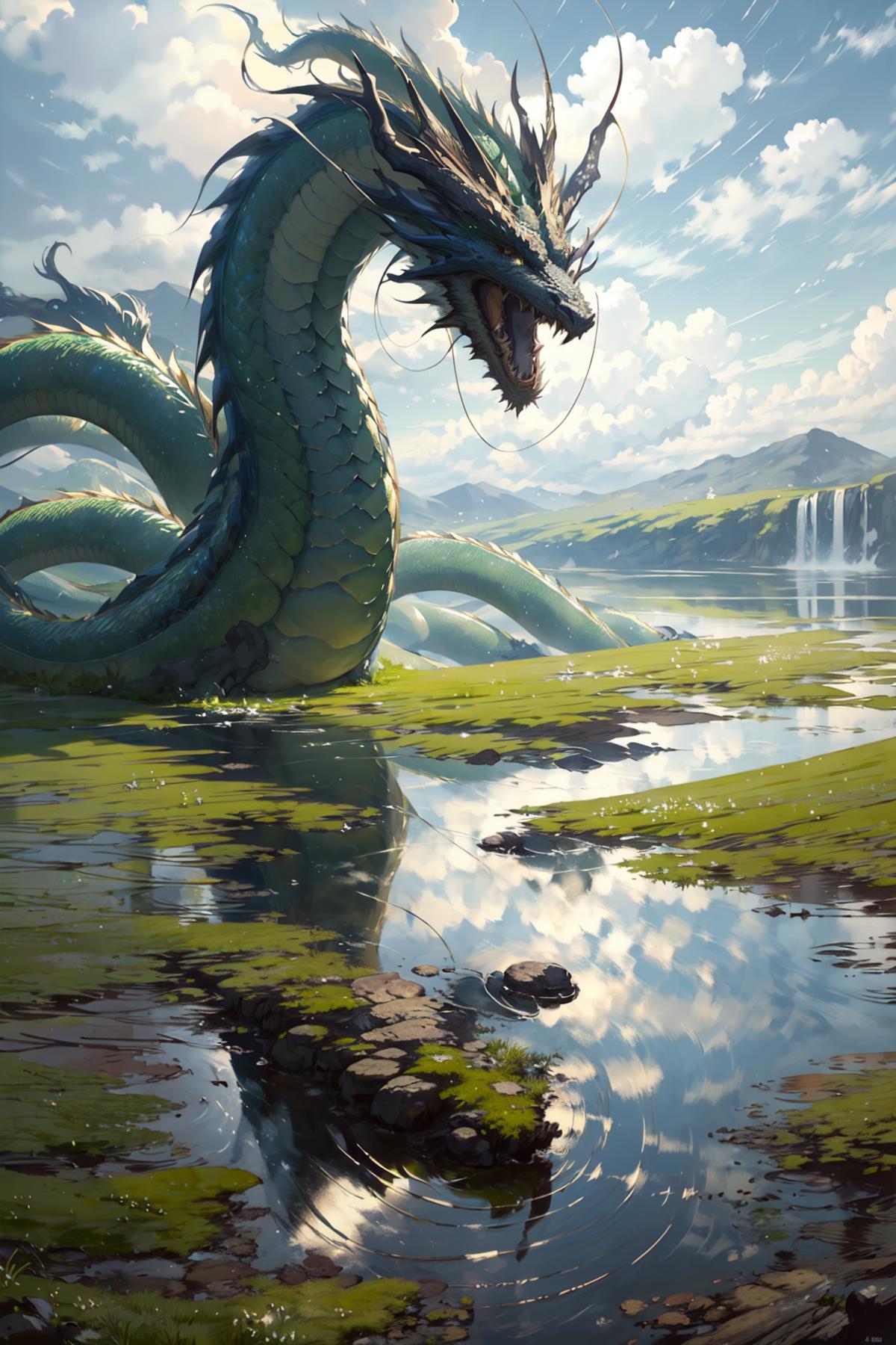 A dragon standing in a lake with mountains in the background.