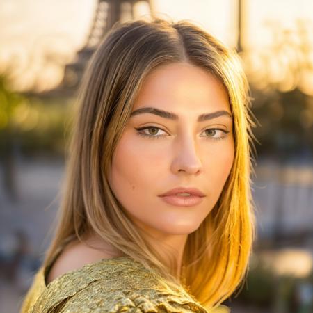 Madcline, 8k, RAW close-up photograph, standing in a garden, paris in the background, eifel tower, (((full body photograph))), golden hour, detailed face, detailed face