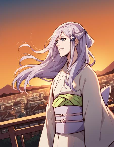 <lora:sode-no-shirayuki-anime-ponyxl-lora-nochekaiser:1>, sode no shirayuki, long hair, blue eyes, hair ornament, purple hair, flower, hair flower, light purple hair, japanese clothes, kimono, sash, obi,