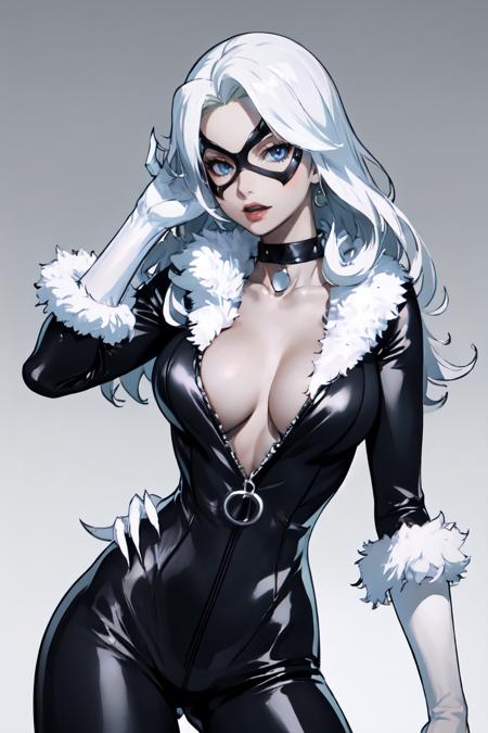 straight-on,pose,looking at viewer,solo, BREAK,
CARTOON_felicia_blackcat_ownwaifu, www.ownwaifu.com,
long hair,white hair,lipstick,blue eyes,makeup,lips,large breasts,collarbone,red lips,claws,very long hair,
mask,bodysuit,domino mask,gloves,choker,white gloves,collar,superhero,black bodysuit,fur trim,cleavage,skin tight,zipper,spiked collar,unzipped,jewelry,black choker,latex,shiny,center opening,
<lora:CARTOON_felicia_blackcat_ownwaifu:1>, BREAK, official art, highres, scenery, (masterpiece:1.1), (best quality,:1.1), (high quality:1.1), (anime_coloring:1.2),