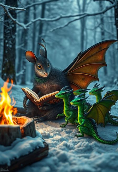 surreal VFX, big half -rat half-domestic fly sitting by  a campfire and reading a book of fairy tales, sitting with a group of little green dragons with dark green wings seen under an electron scanning microscope, with details, snow, snowy, winter forest, vivid colors