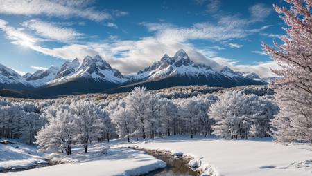((masterpiece:1.4,best quality)), cloud,   outdoors
(snowy mountains), spring glade, scenery, sky,
(noon:1.4), high detail, abundant, 8k, high detail, wallpaper